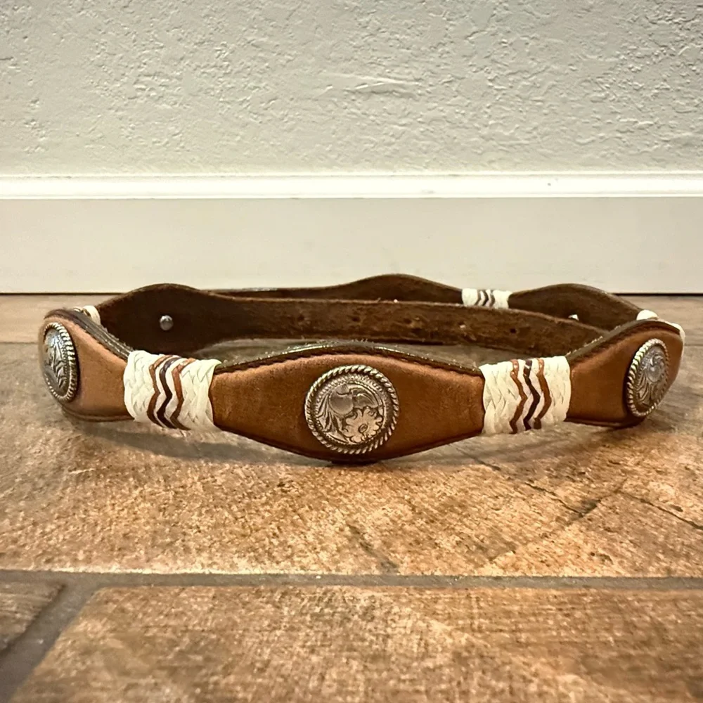 Child Western Country Rodeo Leather Belt with Silver and Weaving Design